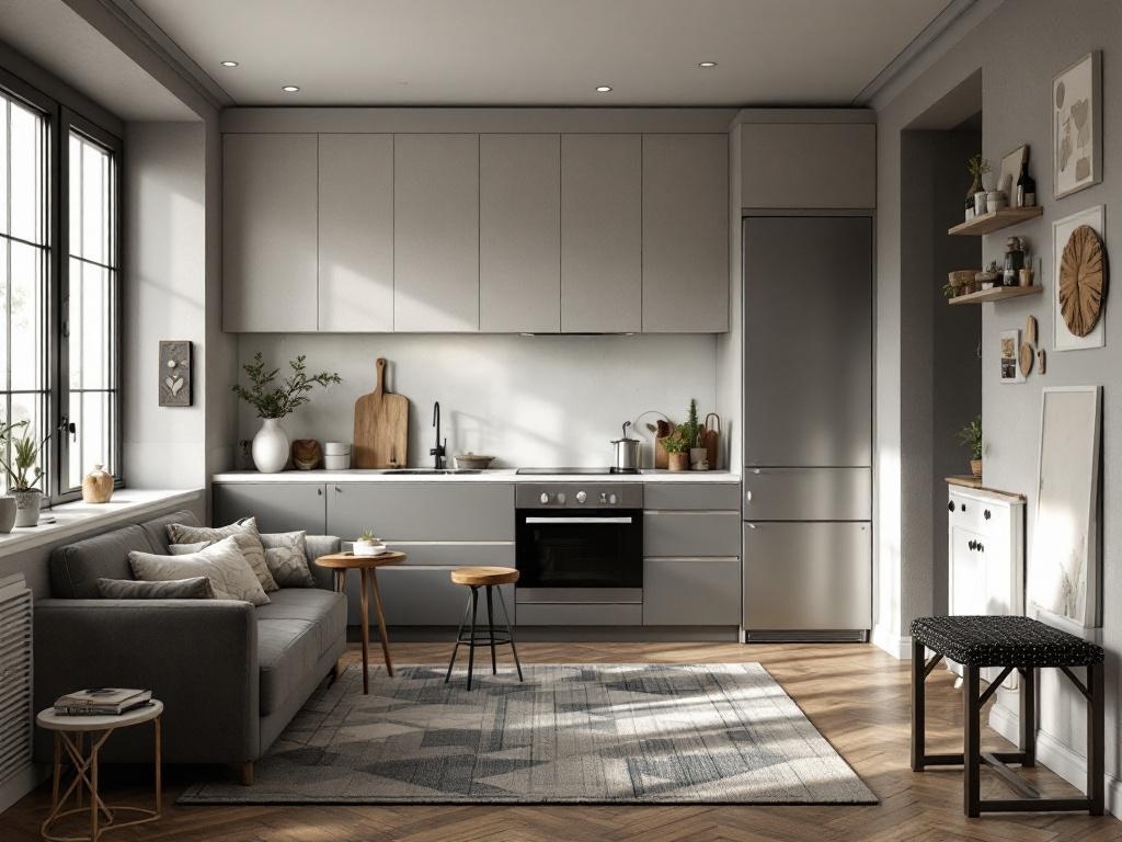 Cozy kitchen featuring warm gray tones, large windows, and comfortable seating.