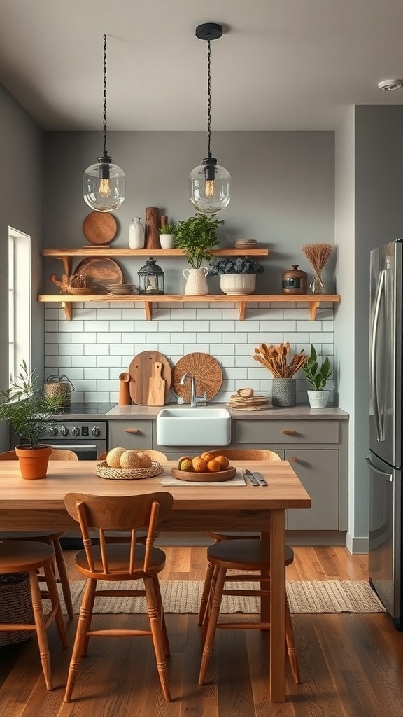 A cozy kitchen featuring warm grey tones and wooden accents, with a dining table, open shelving, and plants.