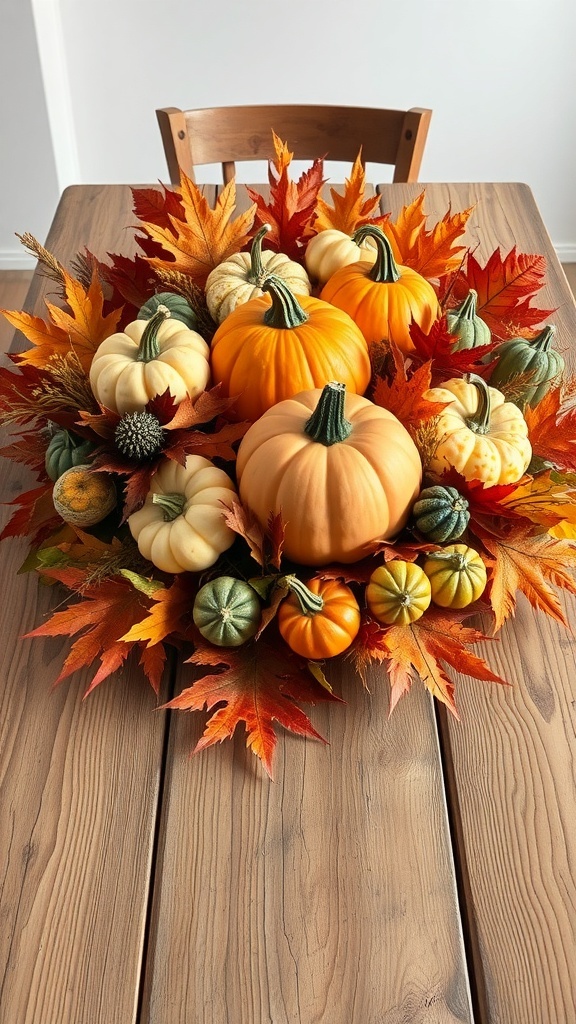 A fall table centerpiece featuring various pumpkins and colorful autumn leaves.