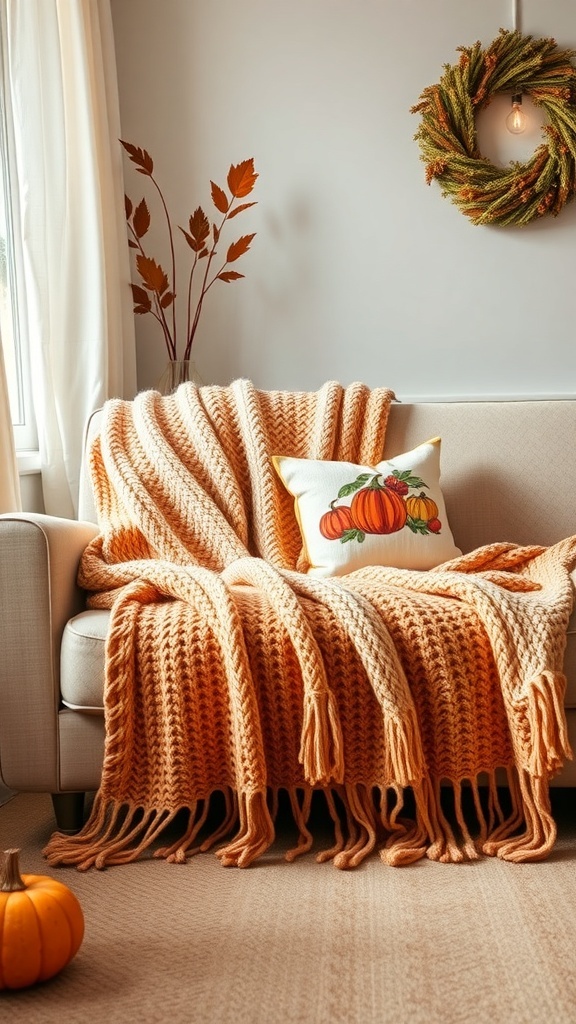 A cozy couch with a warm orange knit blanket, a pumpkin-themed pillow, and a small pumpkin on the floor, creating a fall aesthetic.