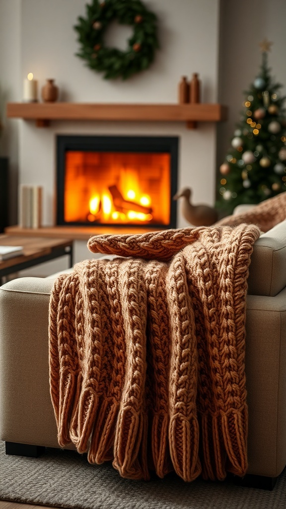 A cozy living room scene featuring a warm knit blanket on a couch, with a fireplace and Christmas decorations.