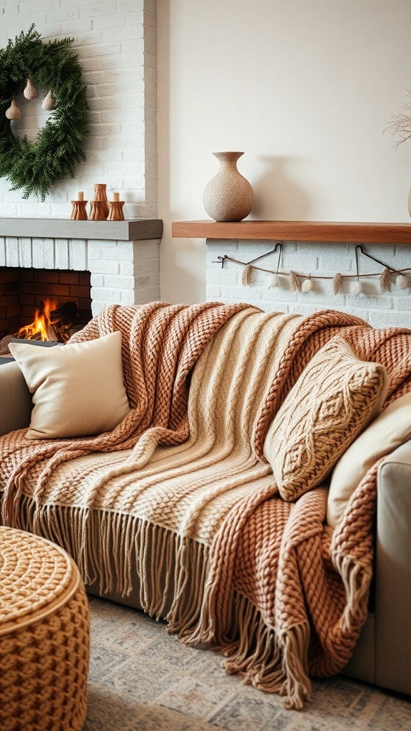 A cozy living room with warm knit blankets and throws on a sofa.