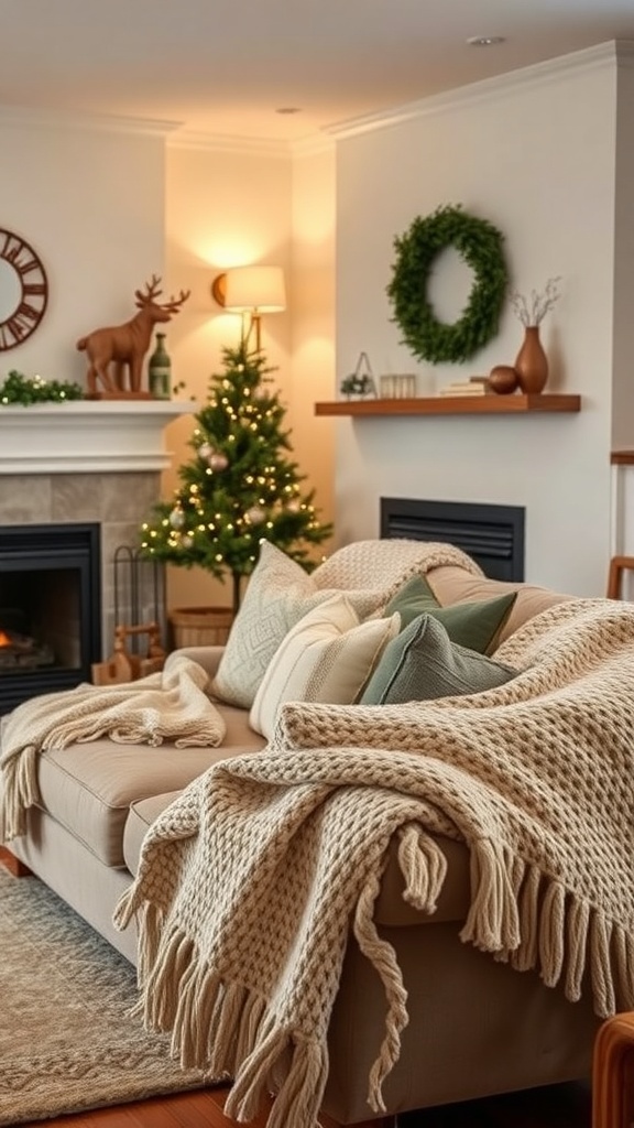 A cozy living room with a warm knit blanket draped over a sofa, decorated for winter.