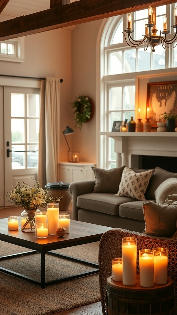 A cozy farmhouse living room with warm lighting and candles.