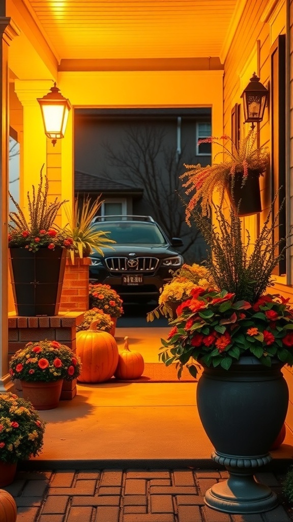 A cozy front porch with warm lighting, featuring colorful fall planters and pumpkins.