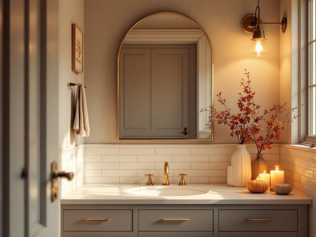 A cozy bathroom with warm lighting, featuring a mirror, sink, and autumn decorations.