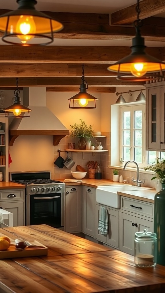 A cozy French farmhouse kitchen with warm pendant lighting.