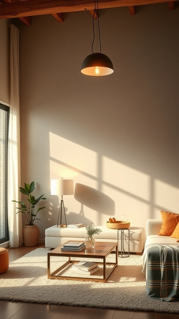 A cozy western farmhouse living room with warm lighting fixtures.