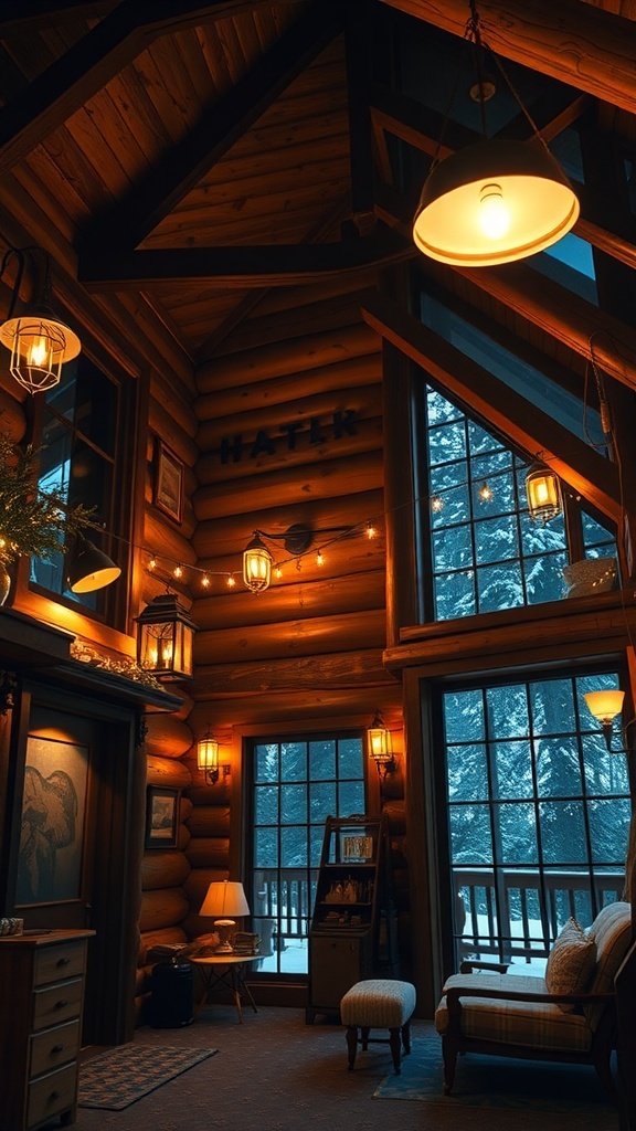 Cozy mountain cabin interior with warm lighting fixtures and wooden walls.