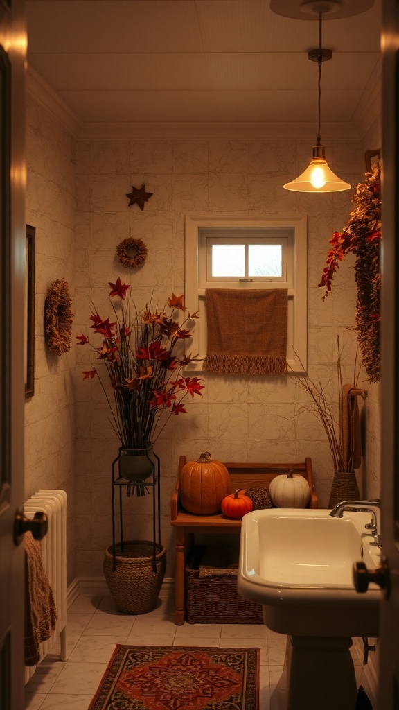 A cozy bathroom decorated for fall with warm lighting, pumpkins, and autumn leaves.