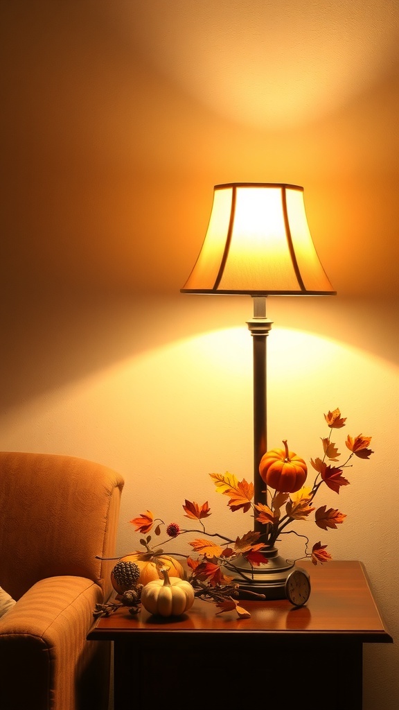A warm lamp on a side table surrounded by autumn decorations including pumpkins and colorful leaves.