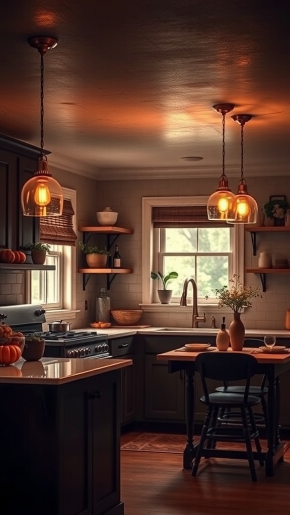 A cozy kitchen with warm pendant lighting and autumn decorations.