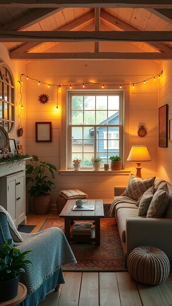 Cozy small cottage living room with warm lighting and comfortable furnishings.