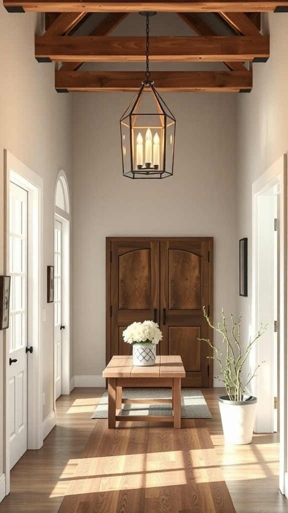 A modern farmhouse entryway featuring warm lighting fixtures and wooden elements.
