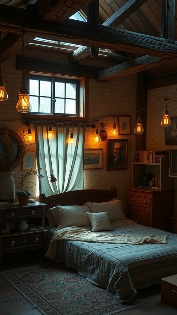 A rustic bedroom with warm lighting fixtures, featuring vintage bulbs and a cozy atmosphere.