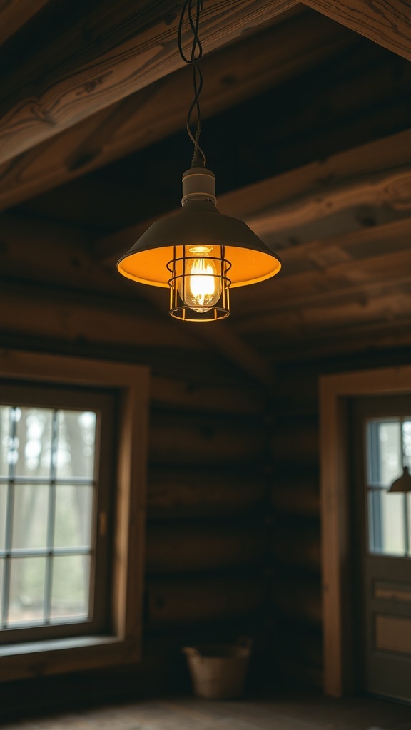 A warm pendant light hanging in a cozy cabin setting