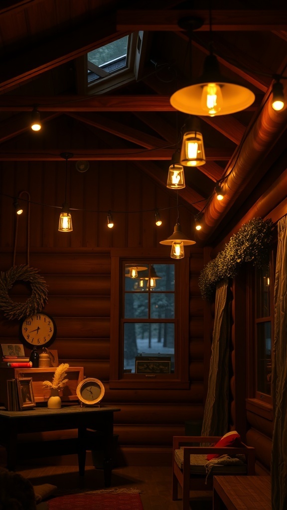 Interior of a winter cabin with warm lighting fixtures