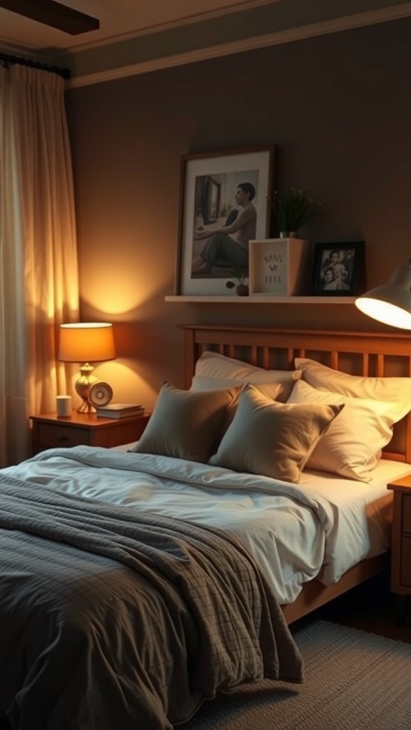 Cozy bedroom with warm lighting and soft bedding