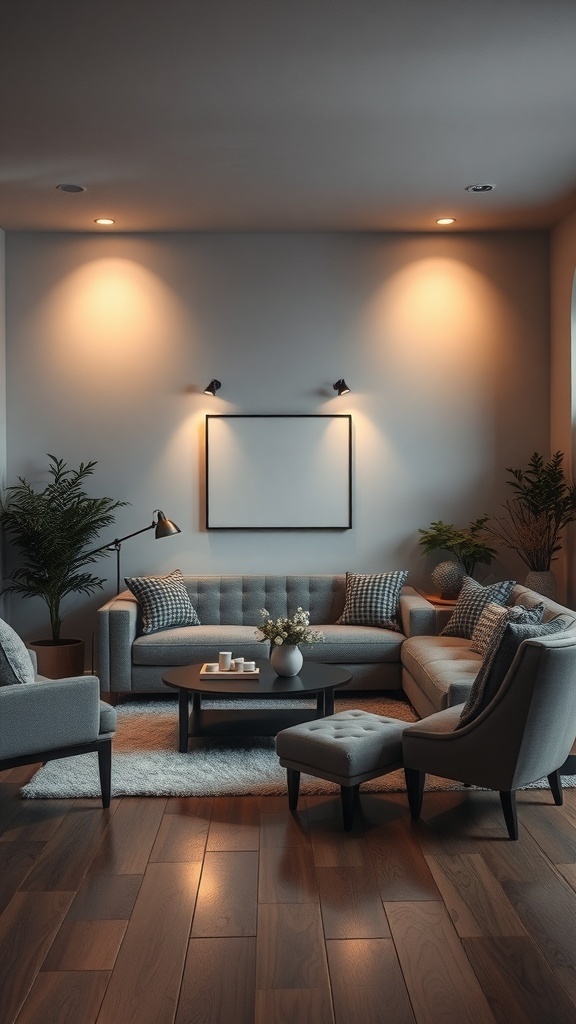 Cozy grey farmhouse living room with warm lighting