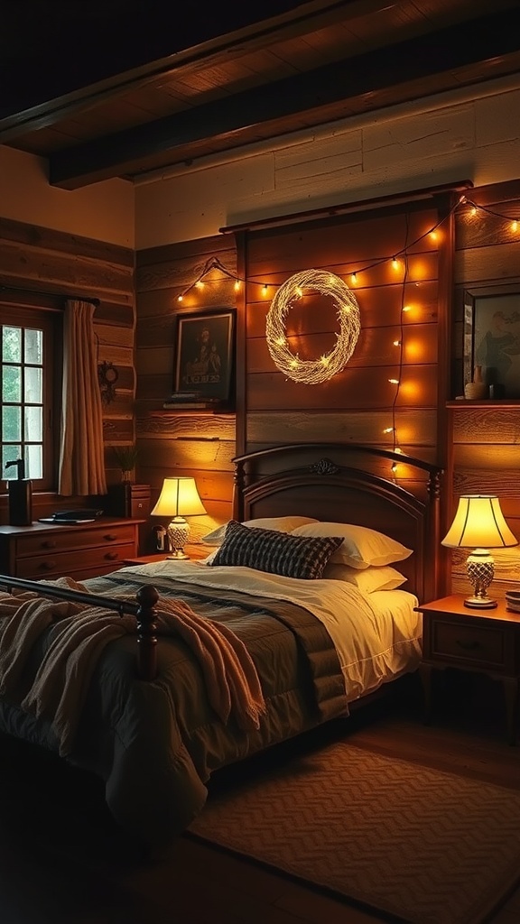 A rustic farmhouse bedroom with warm lighting, featuring a cozy bed, lamps, and string lights.