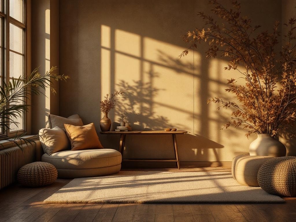 A cozy room with warm lighting, featuring a comfortable seating area, plants, and earthy decor.