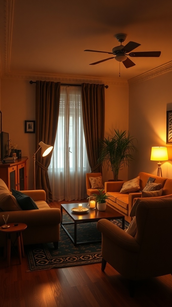A cozy living room with warm lighting, featuring comfortable seating and a welcoming atmosphere.