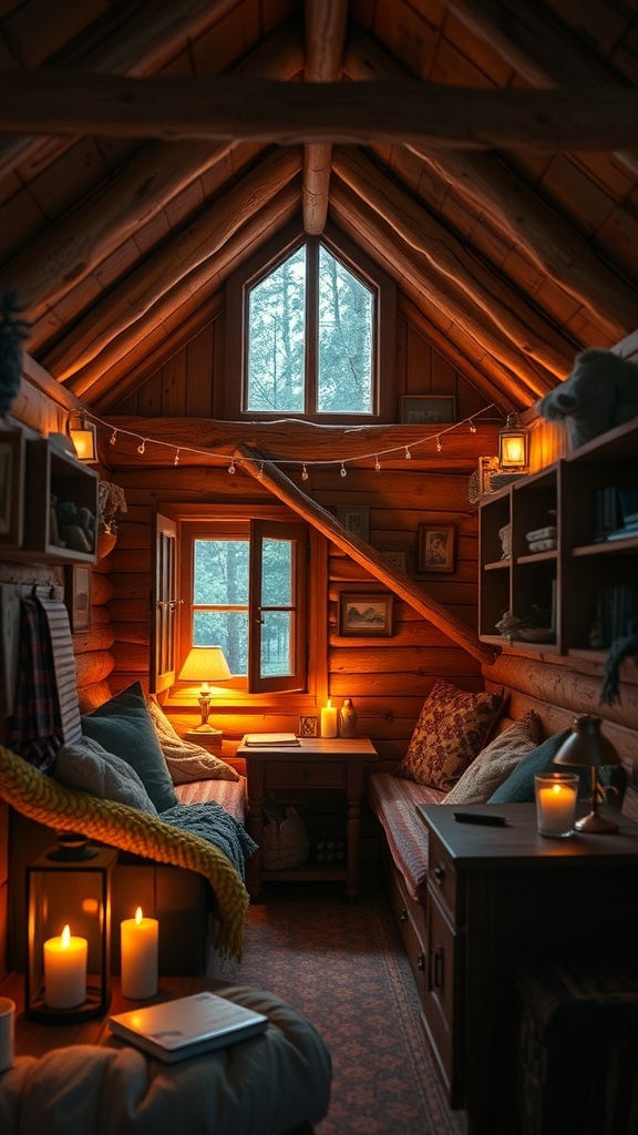 Cozy interior of a tiny cabin with warm lighting and wooden decor.