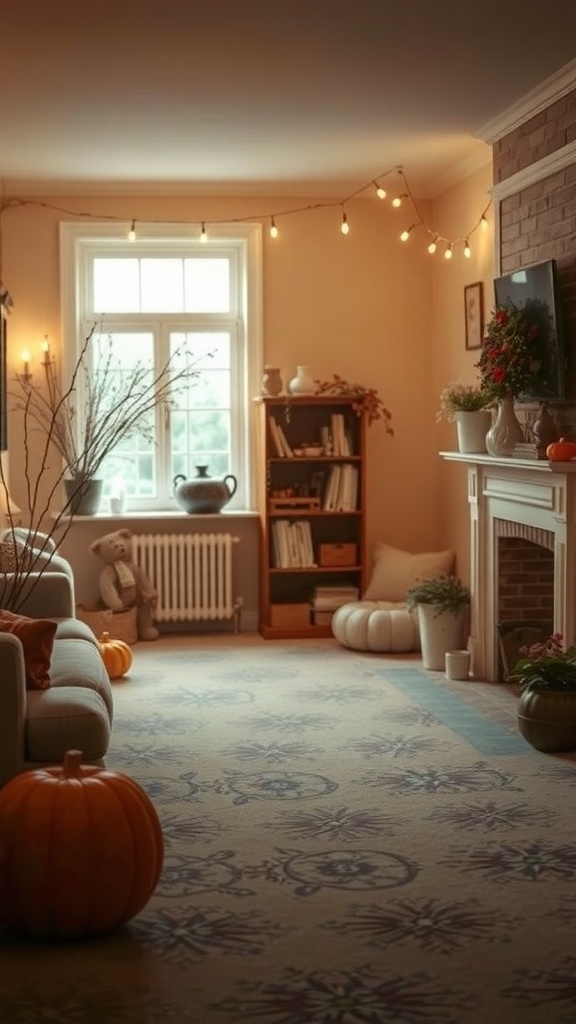 Cozy living room with warm lighting, pumpkins, and soft furnishings