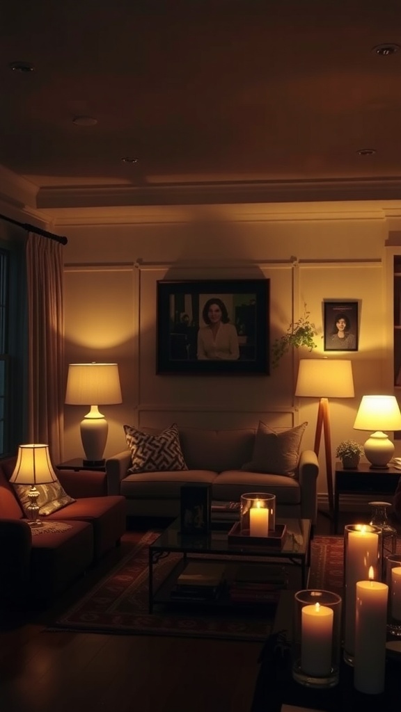 Cozy living room with warm lighting, candles, and soft furnishings