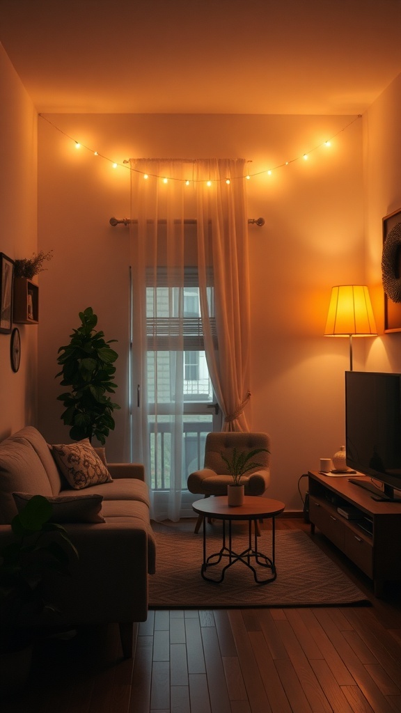 A cozy small farmhouse living room with warm lighting from string lights and a lamp.