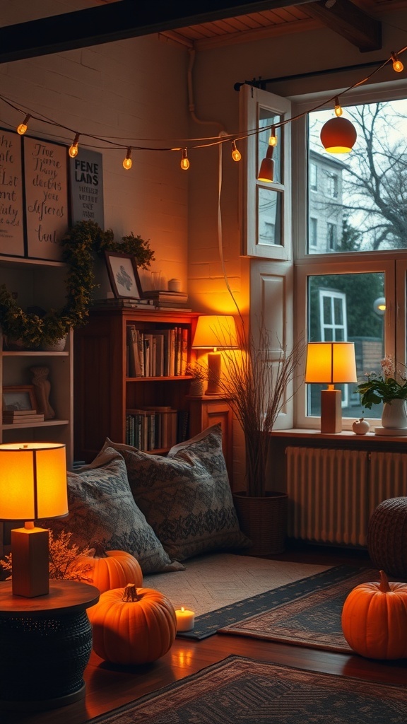 Cozy apartment decor with warm lighting, pumpkins, and soft furnishings