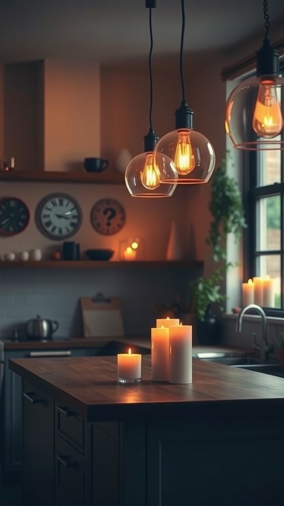 Cozy kitchen with warm lighting, pendant lights, and candles on the countertop.