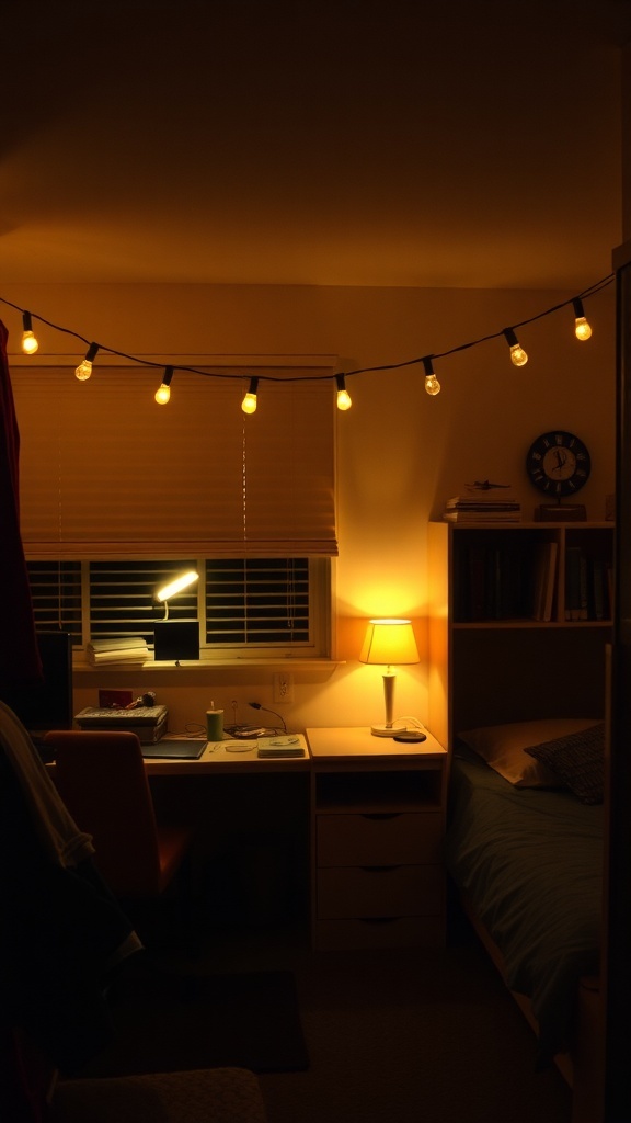 A cozy dorm room with warm lighting from a desk lamp and string lights.