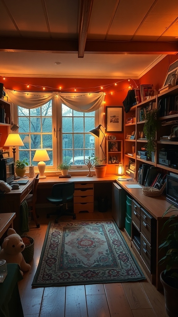 Cozy hobby room with warm lighting and a comfortable atmosphere