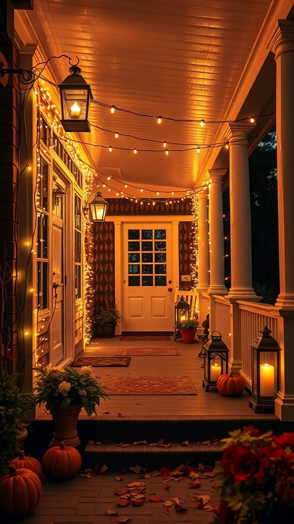 A warm and inviting porch decorated with string lights, lanterns, pumpkins, and flowers, creating a cozy fall atmosphere.