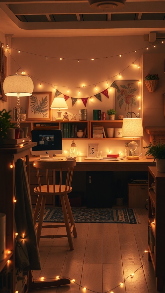 A cozy craft room with warm lighting from lamps and string lights.