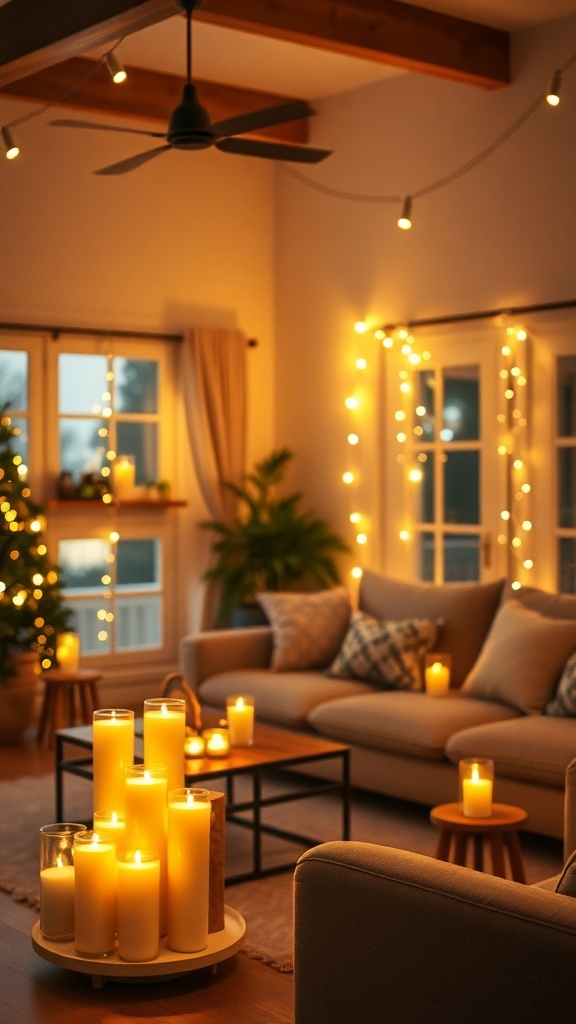 A cozy living room decorated for Christmas with warm lighting, candles, and a Christmas tree.