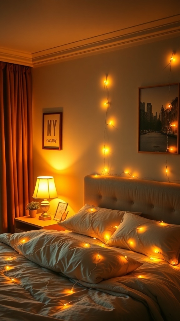 Cozy farmhouse bedroom with warm lighting and string lights