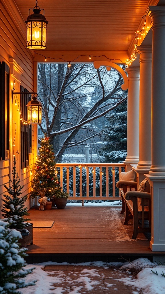 A winter front porch decorated with warm lighting, including lanterns and string lights, along with a small Christmas tree.