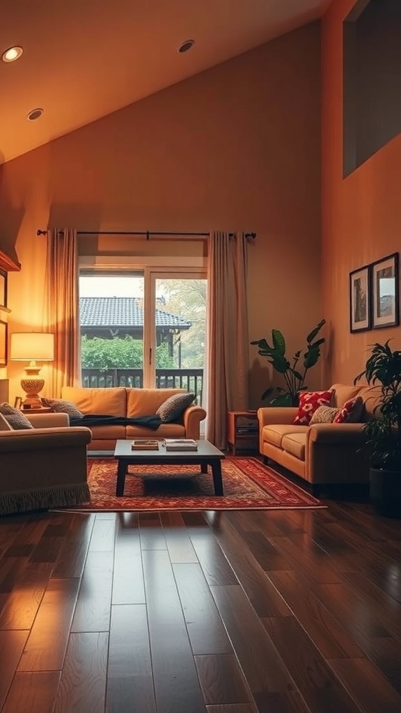 A warm and inviting living room with soft lighting, comfortable sofas, and a cozy atmosphere.