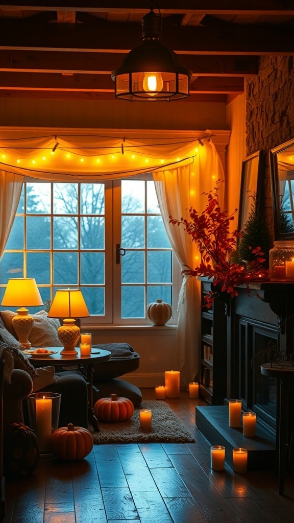 Cozy living room decorated for autumn with warm lighting, pumpkins, and candles.
