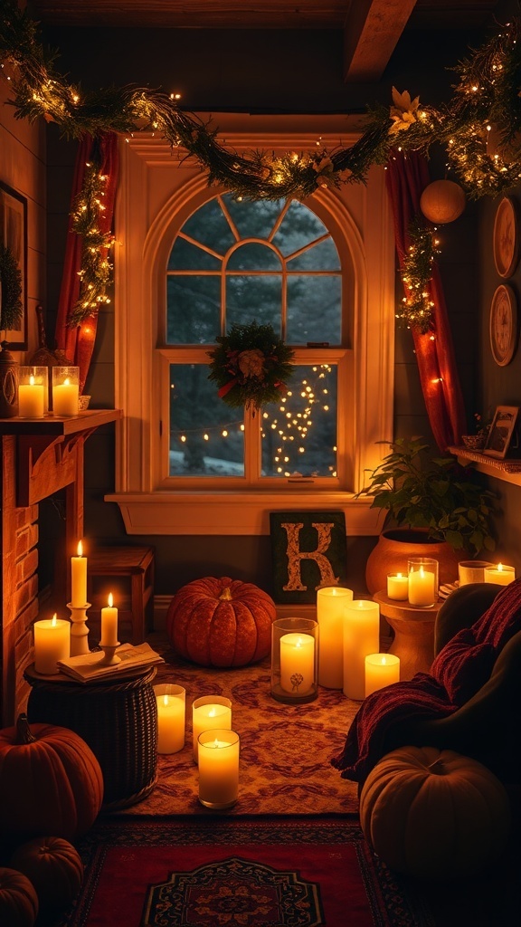 A cozy room decorated for fall with candles, pumpkins, and warm lighting.