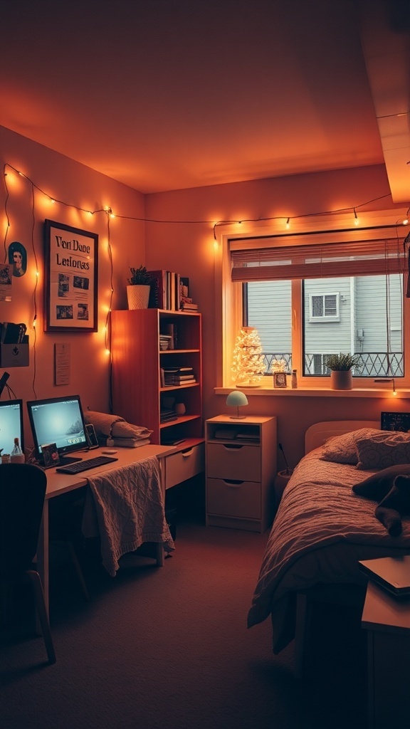 A cozy dorm room with warm lighting from string lights and a small lamp.