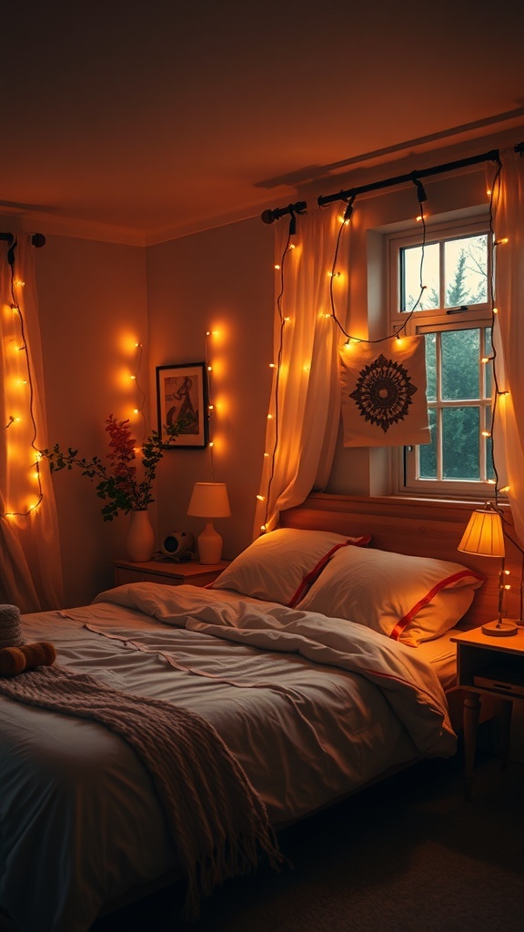 A cozy bedroom with warm lighting, featuring string lights and soft bedside lamps.