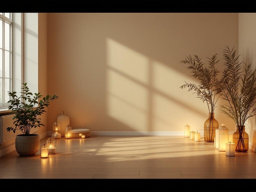 A minimalist room with warm lighting from candles and sunlight, featuring plants and vases.