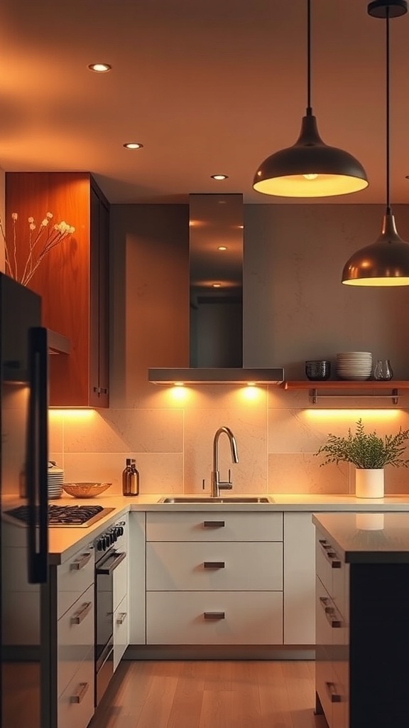 A modern kitchen with warm lighting, featuring pendant lights and under-cabinet illumination.