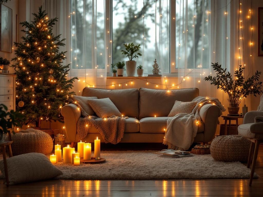 A cozy living room with warm lighting, featuring a sofa, candles, and a Christmas tree.