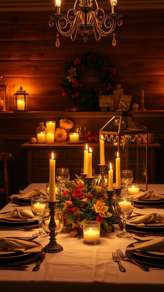 A beautifully set Thanksgiving table with candles and lanterns providing warm lighting.