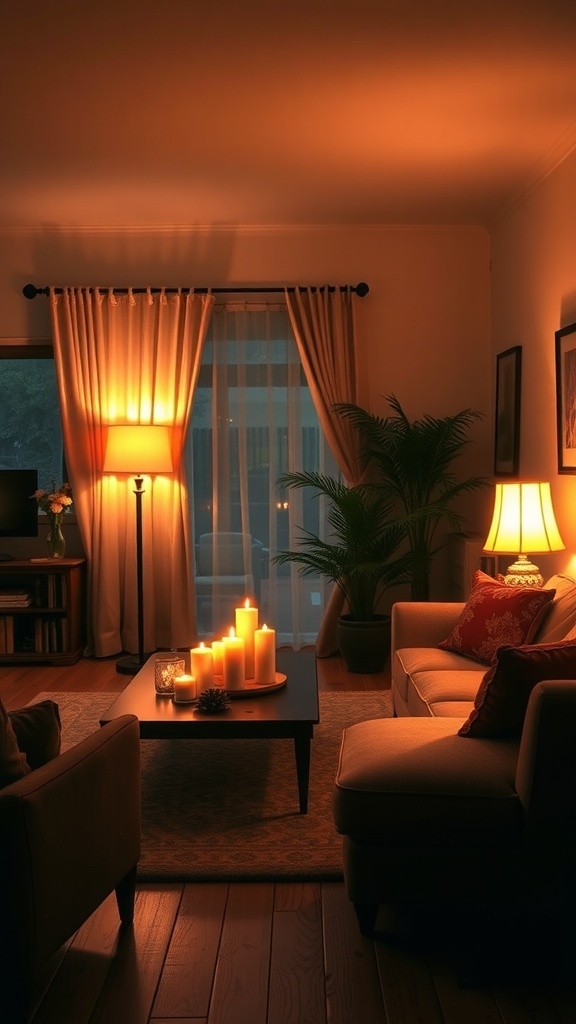 Cozy cottage living room with warm lighting and soft glow