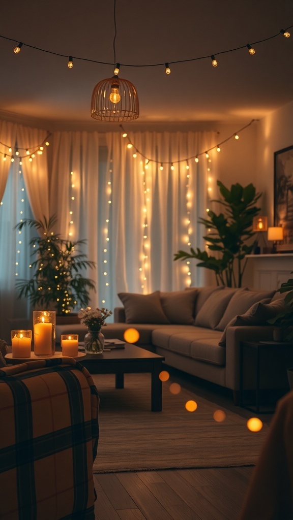 A cozy living room decorated with string lights and candles for Christmas.